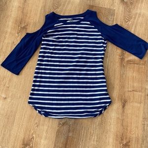 Blue and white striped, cut out shoulders top